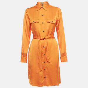 Ralph Lauren Womens 22W Orange Satin Belted Shirt Dress Chic Country Career